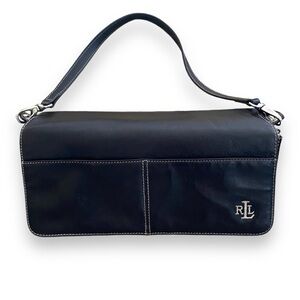 Y2K Ralph Lauren Multi Compartment Black Leather Flap Bag Vintage Demure